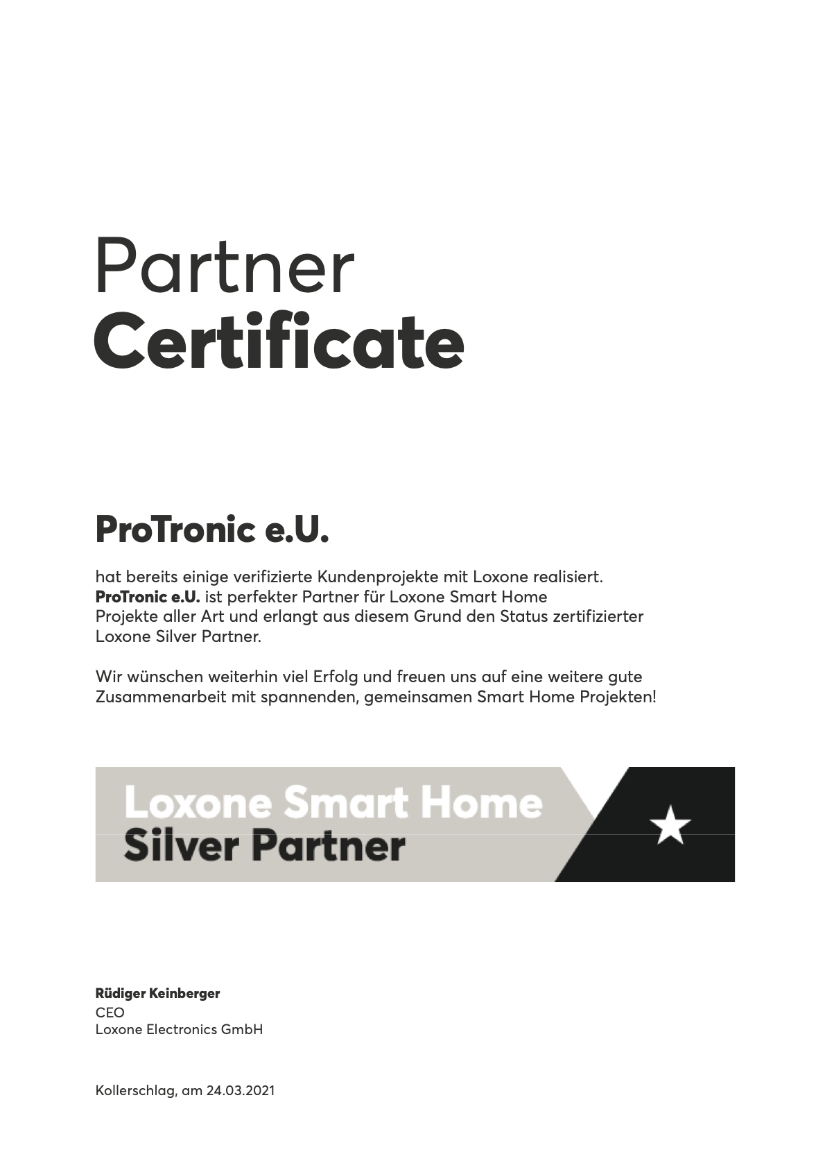 Zeritifikat Silver Partner Loxone
